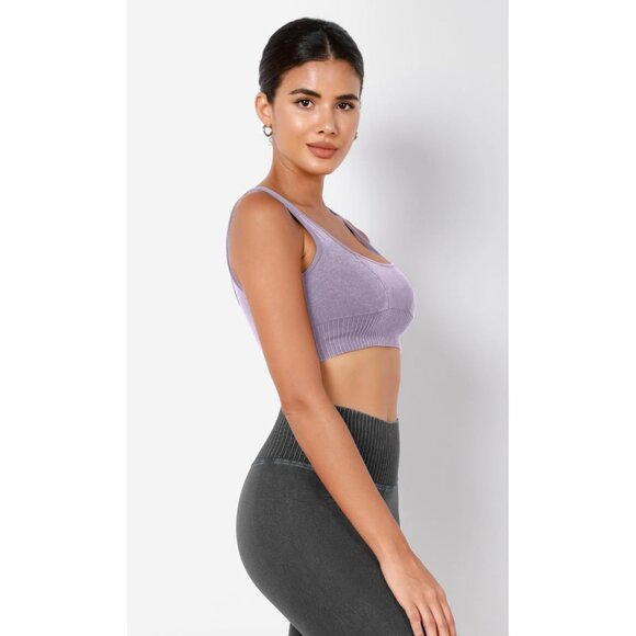 Women's Stone Washing Lavender Square Neck Low Back Ribbed Cropped Sports Bra - Picture 3 of 5